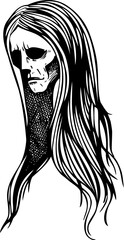 Vintage ghost woman portrait. Gothic tattoo design. Halloween hand-drawn vector illustration. Witch drawing. NOT AI generated