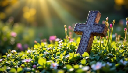A sunlit scene featuring a cross resting on a bed of fresh greenery.