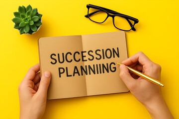 Succession Planning Strategy Notebook, Golden Pen on Bright Yellow Background with Succulent Plant, Office Desk Flat Lay – Leadership Transition, Career Development, Minimalist Professional Workspace 