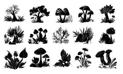 Naklejka premium Set of black vector surreal contemporary plants nature mushrooms, leaves.