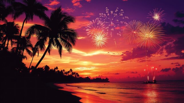 Tropical beach sunset fireworks celebration (1)