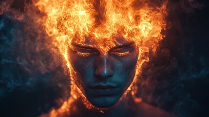Obraz premium Flames and smoke erupting from a young man's head represent overwhelming stress, burnout, and mental health struggles like migraines and anxiety.