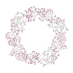 Watercolor intertwining pink gypsophila branches wreath isolated background. Hand painted baby breath flowers illustration with empty space for text. For stationery, spa decor, gift packaging. © Masha_tolk_art
