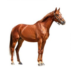 Obraz premium A chestnut horse standing in full view with a bridle against a plain white background in a studio shot