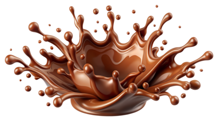 A delicious brown chocolate splash, a sweet cocoa liquid drop melting on transparent background