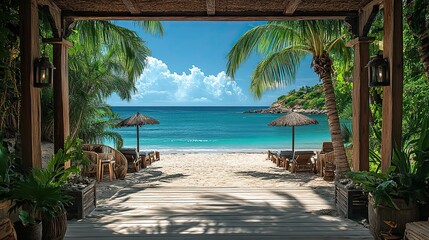 Obraz premium Framed by palm trees and lush vegetation, a wooden terrace overlooks a tranquil turquoise ocean under a clear blue sky, a perfect summer holiday destination.
