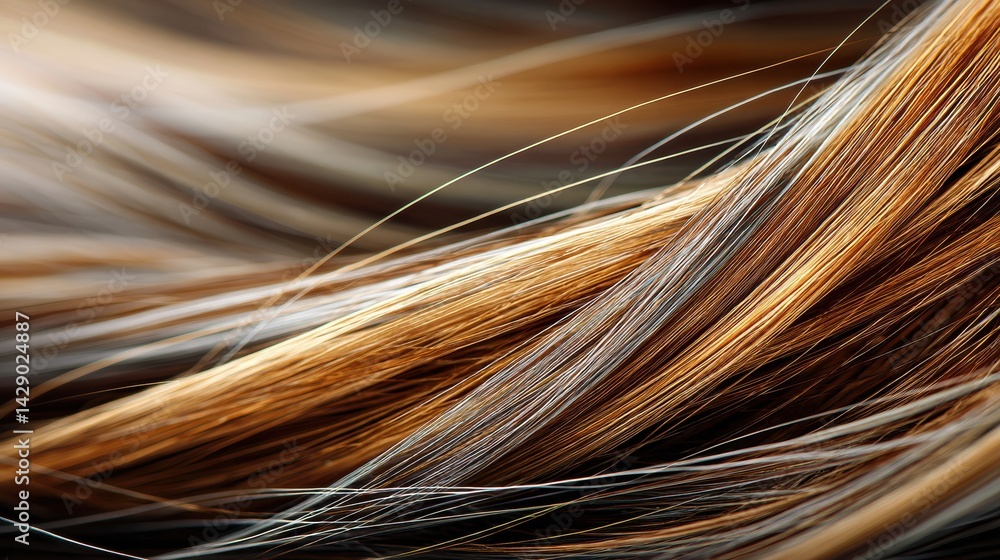 Poster close-up view of shiny hair strands with vibrant highlights against a softly blurred background in a