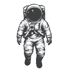 Black and white drawing of a frontal astronaut. Transparent background.