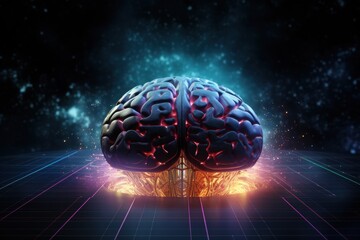 Neon brain on futuristic grid background