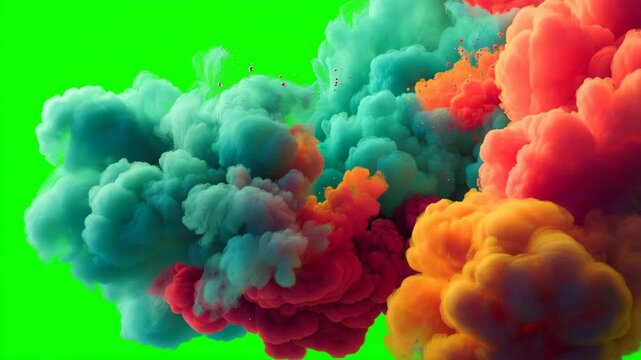 Colorful clouds of ink smoke in vibrant teal, red, orange, and yellow tones blending against a bright green chroma background, abstract surreal explosion concept for design use

