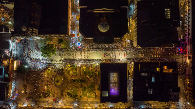 Aerial Drone Images of the Procession of Silence Ceremony in Plaza del Carmen, San Luis Potosí, During Holy Week
