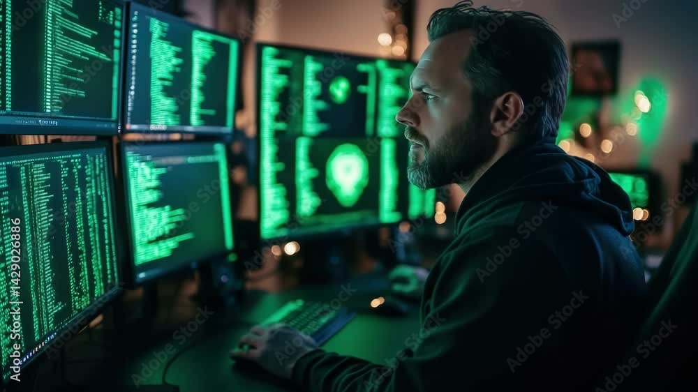 Poster a hacker sitting at several monitors is trying to hack the protection of a banking system, a company