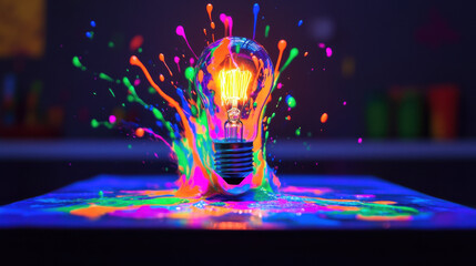 A vibrant explosion of color erupts from a black light bulb, showering a sleek black background with swirling paint and dynamic splashes, igniting a spark of creativity and innovation. Think 