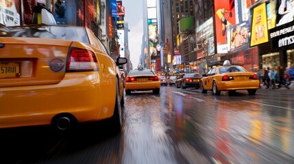Rainy City Street with Yellow Taxis and Bright Billboards