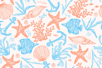 Seamless pattern with sea creatures. Endless underwater life  background. Fish, sea shell, corals, starfish. Ocean wallpaper, wall art, fabric print. Summer vacation. Coral reef vector illustration.