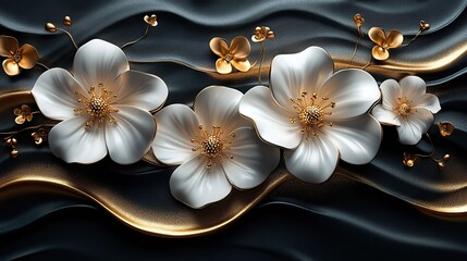 golden 3d flowers on a liquid black and gold gray and white background