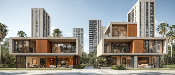 Two modern buildings with large windows and wood panels stand among taller buildings.