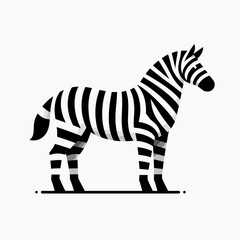 Stylized black and white illustration of a zebra with bold stripes on a light background