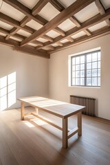 Sunlit Minimalist Room with Wooden Table and Exposed Beams