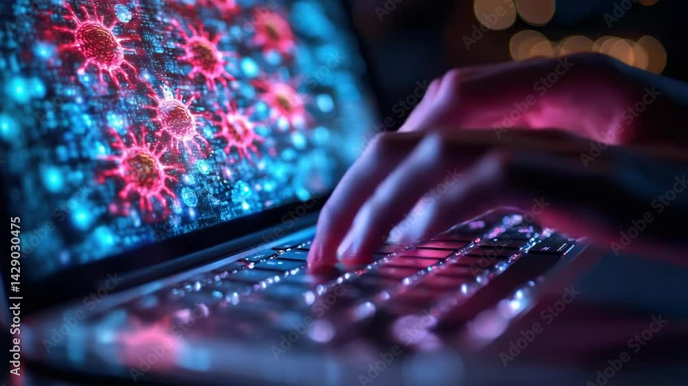 Poster a person types on a laptop revealing vibrant, transparent visualizations of viruses and programs. th