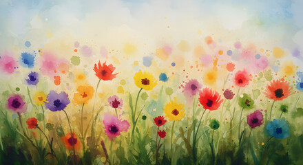 Fototapeta premium Vibrant Watercolor Meadow Bursting With Colorful Flowers And Gentle Sunlight