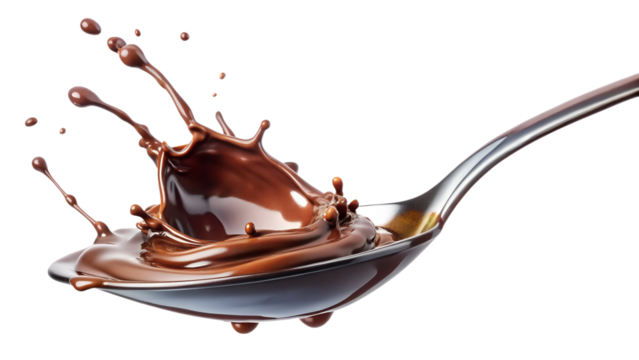 A delicious brown chocolate splash, a sweet cocoa liquid drop melting on transparent background