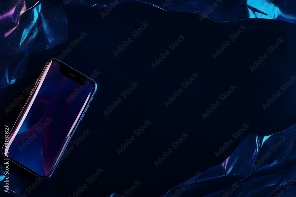 Poster futuristic technology background with a modern smartphone on a dark, crumpled, iridescent surface. t