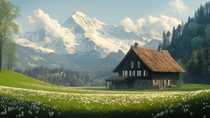 Obraz premium Serene Alpine Landscape with Blooming Meadows and Majestic Mountains