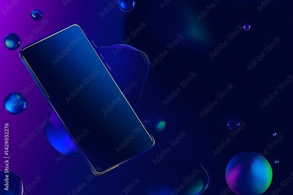 Poster a futuristic concept of digital innovation showing a sleek mobile device levitating in an abstract s