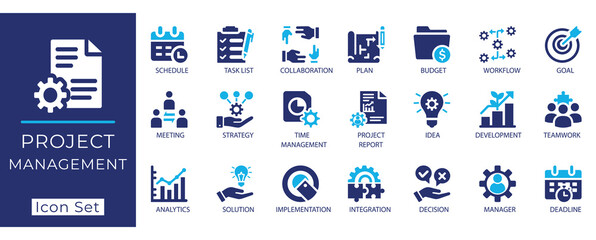 Flat vector project management icon set.Featuring task list, time management, strategy, teamwork, analytics, planning, deadline & integration icons.