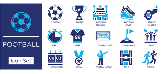 Flat vector football icon set. including football, stadium, boot, jersey, coach, player, net, field, scorecard, whistle, timer, fans, and trophy icons.