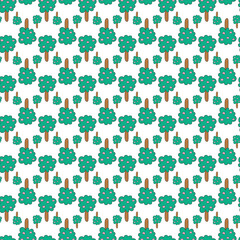 Seamless Pattern of Playful Green Trees with Pink Highlights on White Background