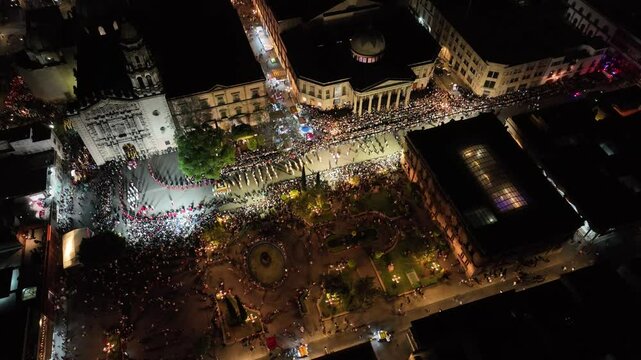 Aerial Drone Images of the Procession of Silence Ceremony in Plaza del Carmen, San Luis Potosí, During Holy Week