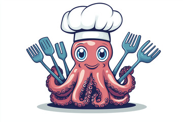 Jolly Octopus Chef with Spatulas Cooking Mascot