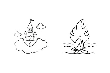Fantasy Castle On Cloud And Campfire Line Art Illustrations Set In Black And White