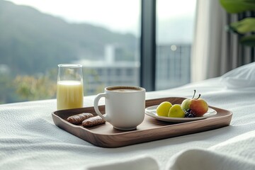 woman having breakfast in bed with wooden tray, close up of woman's hand holding coffee mug and eating sausage on the table next to juice glass and fruit plate, white robe, modern hotel room backgroun