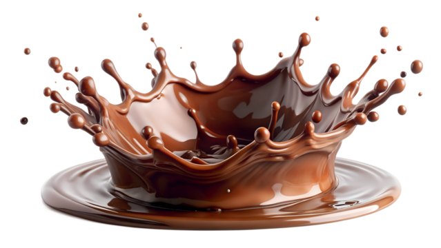 A delicious brown chocolate splash, a sweet cocoa liquid drop melting on transparent background