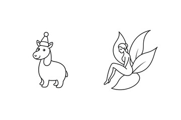 Cute Christmas Donkey And Graceful Fairy Line Art Vector Illustration