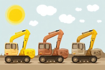 Colorful Excavators on a Construction Site with Blue Sky and Sun