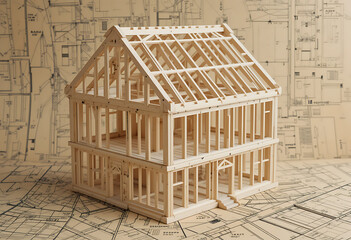 Detailed Wooden House Model on Architectural Blueprint Background