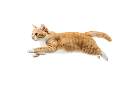  Transparent background of a playful ginger cat jumping with its body fully extended.