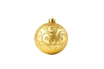 Transparent background of a golden Christmas ornament with intricate swirls and glittery design.
