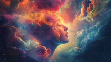 A vibrant psychedelic canvas, crafted by generative AI, transports the viewer on a journey through the ethereal realm of a woman's astral body, moments before a near-death experience. Vivid 