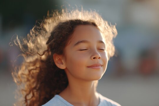 child joyfully experiencing first days of summer their face illuminated by soft sunlight