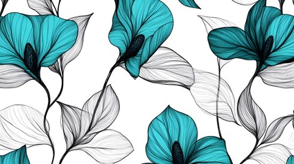 Elegant Teal and Gray Line Art Flowers Seamless Pattern