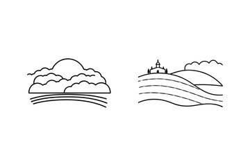 Minimalist Landscape Illustration With Fields Clouds And Church On Hills