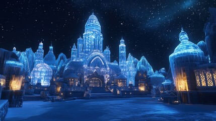 Frozen city night scene, fantasy landscape, winter wonderland, holiday card