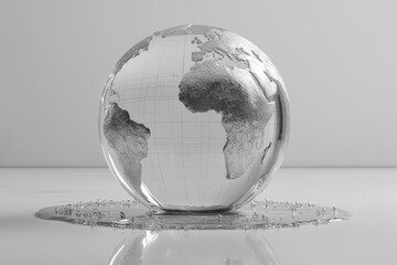 Melting glass globe on reflective gray background