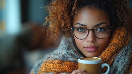 Grappling with insomnia-caused sleep issues, a sleepy lady wrapped in a blanket sits on bed with coffee in hand.
