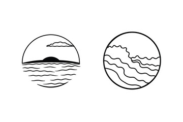 Minimalist Ocean Landscapes With Waves Sun Cloud Icons In Circle